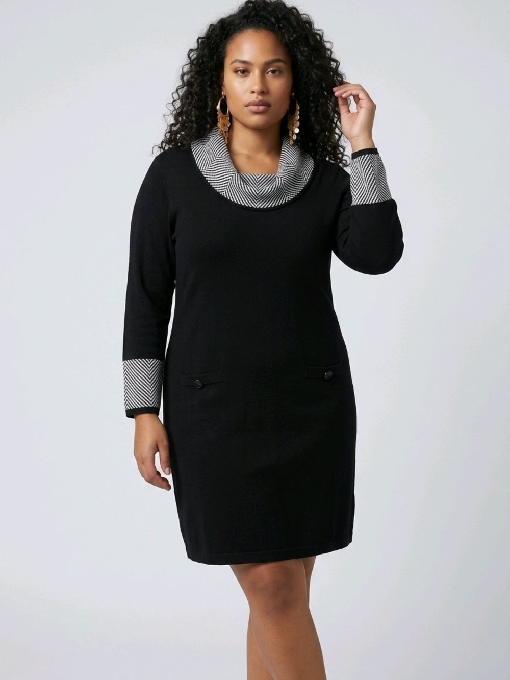 Jessica Howard Black Cowl Neck Shift Dress Size L Herringbone Trim